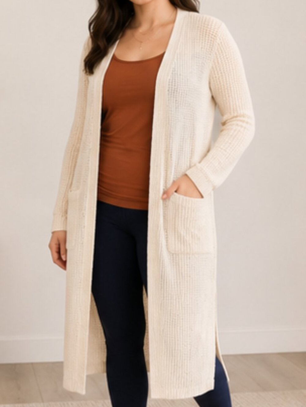 Altar'd State Cream Waffle Knit Longline Duster Cardigan Open Front Size L